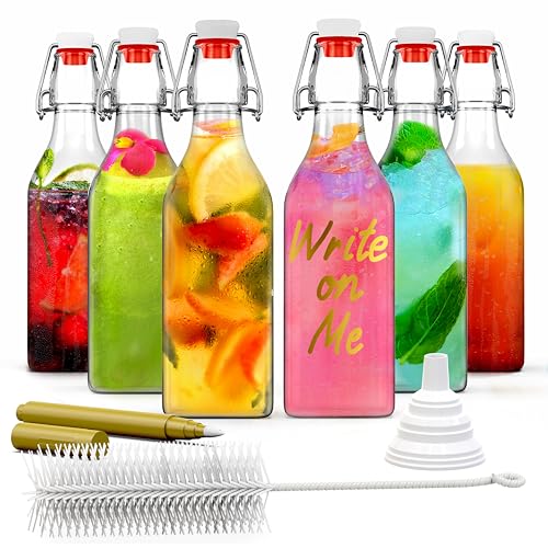 Nevlers 8.5 Oz Square Swing Top Glass Bottles with Stoppers 6 Pack | Flip Top Glass Bottle with Lid | Liquor Bottle Set w/ Funnel, Brush & Marker | Dressing & Homemade Vanilla Extract Bottles - style: Square - 6 Pack