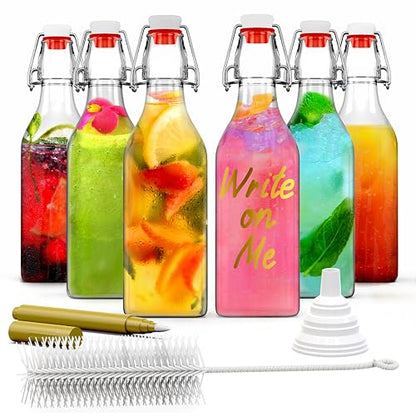 Nevlers 8.5 Oz Square Swing Top Glass Bottles with Stoppers 6 Pack | Flip Top Glass Bottle with Lid | Liquor Bottle Set w/ Funnel, Brush & Marker | Dressing & Homemade Vanilla Extract Bottles - style: Square - 6 Pack