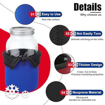 64 oz Wide Mouth Mason Jar Neoprene Sleeve, 64oz Non-slip Cozy Insulated Glass Jars Protector Holder Sleeves 4.3 x 7.5 Inches - 4 Pack (Black/Red/Blue/Cyan) - color: 64 oz Sleeves (4.3 x 7.5 In) - Black/Red/Blue/Cyan