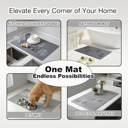 Large Stone Dish Drying Mat for Kitchen Counter,Collapsable Stone Dish Drying Mat with Diatomaceous Earth for Quick Drying-Ultra Absorbent-Eco-Friendly,Foldable -23.6"×15.7" Light Gray Curved Grooves - color: HXDK-Light Gray
