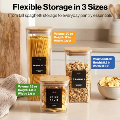 EDELHAUS Glass Storage Containers with Bamboo Lids and Labels - Set of 5 | Extra Thick Square Glass Canisters with Bamboo Wood Lids and 54 Pre-printed Pantry Labels keeps dry Goods Fresh and Organized - color: Black Labels - Bamboo Lids - 5 Pack