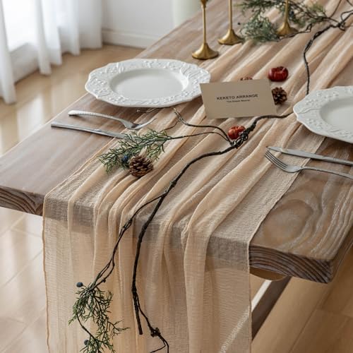 Keketoarrange Deep Beige Cheesecloth Table Runner Rustic Boho Butter Gauze 120 Inch 10 FT Cheese Cloth for Wedding Baby Bridal Shower Birthday Party Long Sheer Spring Summer Home Decorations - color: Deep Beige, size: 35"x120"(Pack of 1)