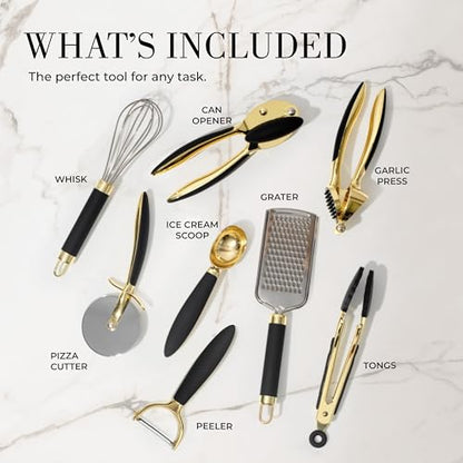 Black and Gold Kitchen Utensils - Luxe 8-Piece Gold Kitchen Tools Set with Can Opener, Pizza Cutter, Peeler, Mini Whisk, and Tongs - Stylish Accessories for Modern Cooking and Ideal for Gifting - color: 8 PC Black & Gold
