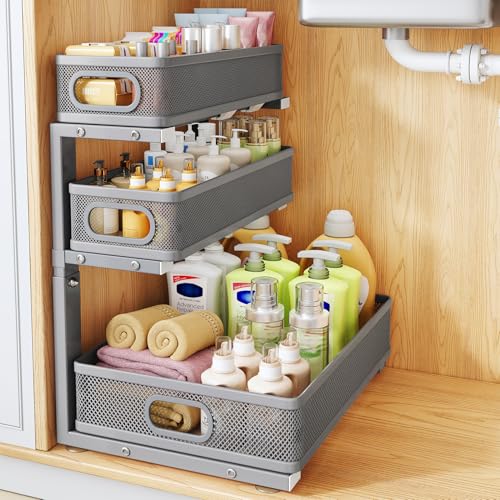Under Sink Organizer, 1-Pack 3-Tier Thickened Metal Pull out Cabinet Organizer Shelf, Height Adjustable Slide out Storage Drawer Rack for Kitchen Bathroom Pantry Laundry Home Organization, Grey - color: Gray, size: 1-Pack