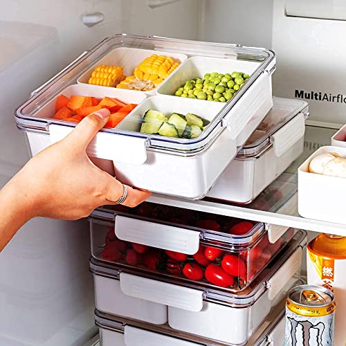2Pack Divided Veggie Tray with Lid Snackle Box Serving Container Salad Keeper with 4 Removable Boxes Stackable Refrigerator Organizer Bins Produce Saver for Meal Prep Fruit - size: 2 Pack