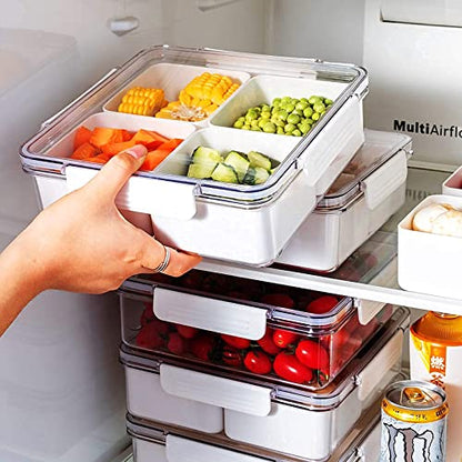 2Pack Divided Veggie Tray with Lid Snackle Box Serving Container Salad Keeper with 4 Removable Boxes Stackable Refrigerator Organizer Bins Produce Saver for Meal Prep Fruit - size: 2 Pack