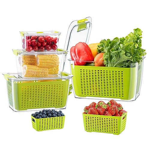 LUXEAR Fruit Vegetable Storage Container, 4 Pack Fresh Containers for Fridge with Lids BPA-Free Produce Refrigerator Organizer for Fruit, Veggie, Berry, Meat Storage Keep Fresh Longer-Green - color: 4 Pack Green