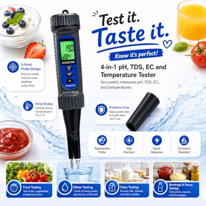 4-in-1 Digital pH Meter for Food – Professional pH/EC/TDS/Temp Tester with Probe for Sourdough, Cheese, Meat & Liquid – High Precision, ATC & Backlit LCD