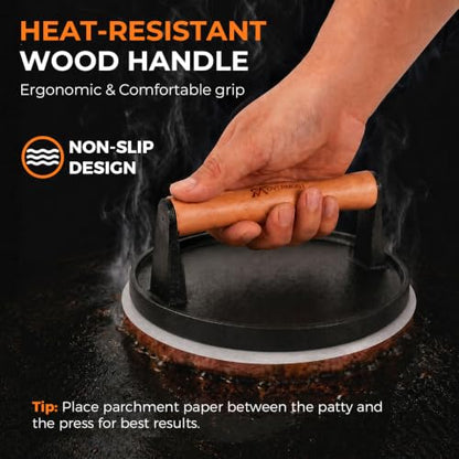 Overmont 7" Round Smash Burger Press - Cast Iron Smasher with Patty Paper | Heavy-Duty Hamburger Bacon Meat Press with Wood Handle Flat Bottom, Pre-Seasoned Heat Resistant for Griddle Grill Outdoor BBQ