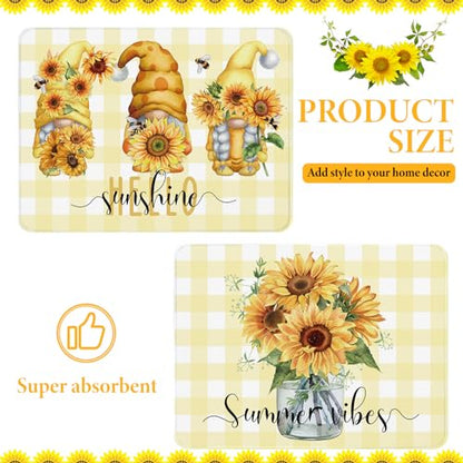 SiliFine 2 Pcs Sunflower Dish Drying Mat for Kitchen, Summer Absorbent Microfiber Dish Mat Counter Sunflower Gnome 18 x 24 Inch Dish Draining Mat Dish Drying Pad Reusable Washable Mat - style: Sunflower