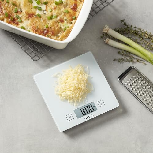 Taylor Compact Glass Kitchen Food Scale, 11 lb Capacity Digital Scale for Baking, Cooking, Meal Prep, Portion Control, Thin Lightweight Design, Easy-to-Read Display, White