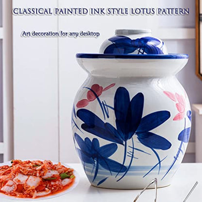 Fermentation Crock Jar Classical Painted Ink Style Lotus Pickle Jar, Chinese Traditional Water Seal Kimchi Jar With Cover, Pickled Cabbage, Radish, Kombuch (Color : Blue+white, Size : 4kg) - size: 4kg