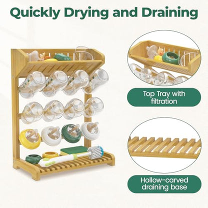 EsLuker.ly Baby Bottle Drying Rack Bamboo Vertical Dryer Holder, Space Saving for 12 Milk Glass Bottle Countertop, Wooden Drain Stand Shelf for New Parents - size: 13.1 In