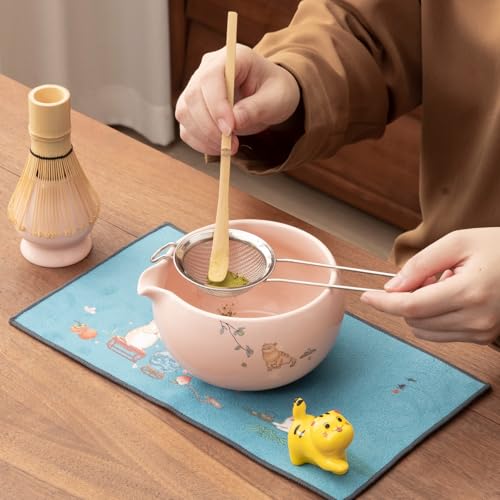 Matcha whisk 7-piece set,Pink Matcha Set， matcha bowl with nozzle, matcha whisk stand, spoon, stainless steel sieve, cloth mat, spoon stand, is a home kitchen decoration gift (pink)