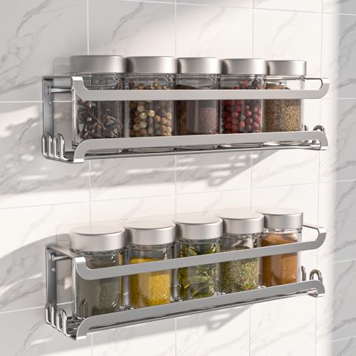 LUCYCAZ 2 Pack Wall Mounted Spice Rack for Spice Jars & Seasonings (Silver) | 8 Metal Hooks, Space-Saving,Screw or Adhesive Spice Shelf Hanging,for Kitchen Cabinet,Pantry Door,RV,Camper Spice Orgnaizer - color: Silver, size: 2 PACK