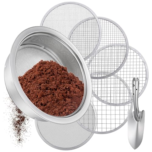 5 Pcs Soil Sifter Set, Stainless Steel Garden Sieve with 5 Interchangeable Meshes 1/3/6/9/12mm, 8 Inch Diameter for Gardening, Compost, Bonsai, Dirt and Sand Sifting, with Shovel, Silver