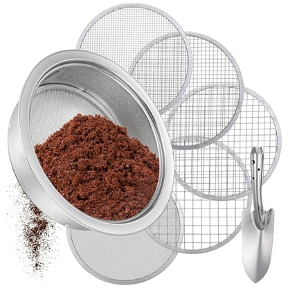 5 Pcs Soil Sifter Set, Stainless Steel Garden Sieve with 5 Interchangeable Meshes 1/3/6/9/12mm, 8 Inch Diameter for Gardening, Compost, Bonsai, Dirt and Sand Sifting, with Shovel, Silver