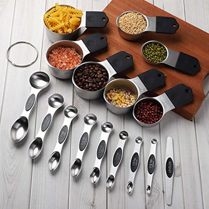 Magnetic Measuring Cups and Spoons Set Including 7 Stainless Steel Stackable Measuring Cup 8 Double Sided Magnetic Measuring Spoons with 1 Leveler for Dry and Liquid Ingredients (black) - color: Black