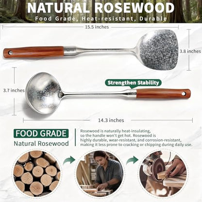 Newness Soup Ladle and Solid Turner, Pure Titanium Soup Spoon and Turner | [Rustproof, Heat Resistance] Resilient, with Long Ergonomic Natural Wooden Round Handle, Non-Toxic Cooking Spoon for Kitchen - size: Soup Ladle and Solid Turner