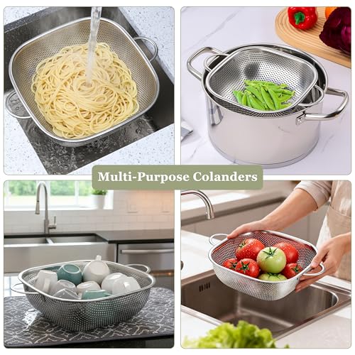 E-far 6QT Stainless Steel Colander with Handle - Square Metal Kitchen Strainer for Pasta & Vegetable Draining, Micro-Perforated & Elevated Feet, Dishwasher Safe - size: 6QT