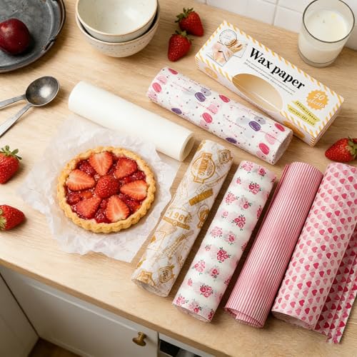 5 Boxes 250 Sheets Wax Paper Sheets Basket Liners Baking Parchment | Heart Rose Line Pattern Greaseproof Sandwich Burger Chips Cookies Food Grade Deli Wrap Paper