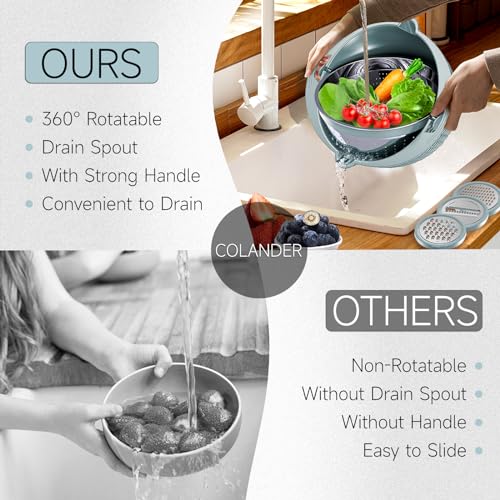 4-1 Strainer with Bowl & Spoons Set - Strainers and Colanders(Patented) - Colanders for kitchen - Food Strainer with New Upgraded Graters & Spoons - Fruit Bowl for Pasta Fruits Veggie- Blue - color: Blue