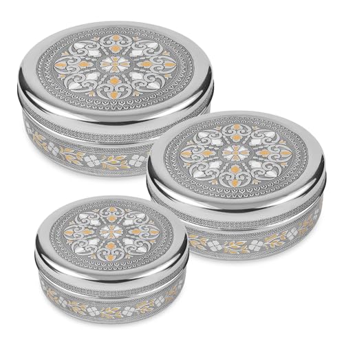 KSJONE Meenakari Designer 3PC Stainless Steel Food Storage Containers with Lids Leakproof, Meal Prep Container Airtight, Kimchi Containers Nestable, Freezer Safe (1100ml, 1700ml & 2300ml)