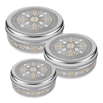 KSJONE Meenakari Designer 3PC Stainless Steel Food Storage Containers with Lids Leakproof, Meal Prep Container Airtight, Kimchi Containers Nestable, Freezer Safe (1100ml, 1700ml & 2300ml)
