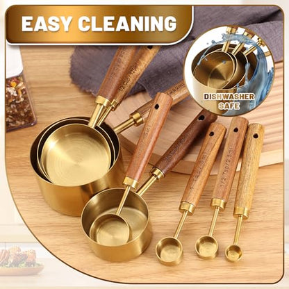 Premium Stainless Steel Measuring Cups and Spoons Set with Wood Handle, 8-Pieces Kitchen Essentials for Baking, Cooking, Coffee with Ergonomic Grip & Engraved Markings (Gold8) - color: Gold8