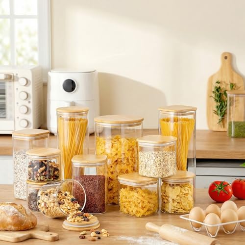 HomArtist Square Glass Jars with Bamboo Lids 17 FL OZ [Set of 12], Glass Canisters with Airtight Lids, Glass Food Storage Containers for Spice, Sugar, Tea, Candies, Cookies, Best for Kitchen & Pantry - color: Square 17OZ Set-12Pack