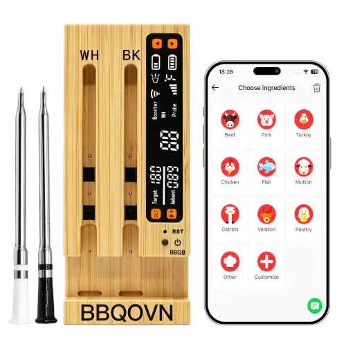 BBQOVN WiFi Sub-1G Wireless Meat Thermometer Unlimited Range 7 NIST Certified Sensors with Ambient Temp 2 Temp Monitoring Ways Digital Smart Base and App for BBQ, Smoker, Grill, Oven (Dual Probes) - color: Bamboo, size: Dual Probes