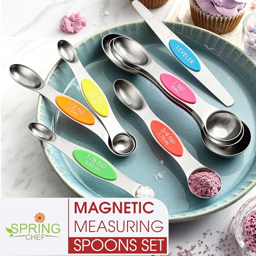 Spring Chef Stainless Steel Magnetic Measuring Spoons Set of 8 with Leveler, Nesting Metal Teaspoon & Tablespoon Measuring Spoons, Kitchen Gadgets for Baking & Cooking, Fits in Most Spice Jars - Neon - color: Neon, size: 1-Pack