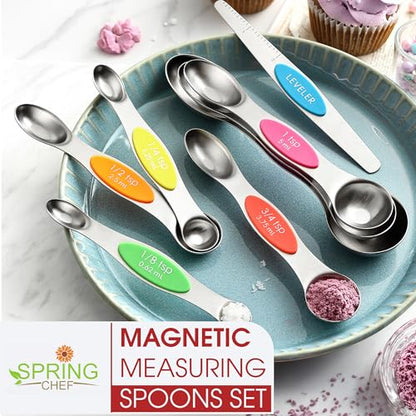 Spring Chef Stainless Steel Magnetic Measuring Spoons Set of 8 with Leveler, Nesting Metal Teaspoon & Tablespoon Measuring Spoons, Kitchen Gadgets for Baking & Cooking, Fits in Most Spice Jars - Neon - color: Neon, size: 1-Pack