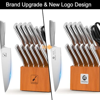imarku 14-Piece Knife Set, Japanese Stainless Steel Knives Set for Kitchen, Full-Tang Gyutou Knife Sets with Block and Build-in Sharpener, Brown, Dishwasher Safe, House Warming Gifts for Men - color: Light Brown