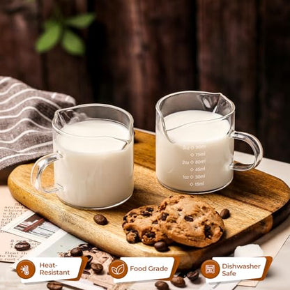SENTVEND Espresso Cups Set of 2, 4 Oz Espresso Shot Glass with Handle Double Spout Measuring Cups with Scale Clear Glass Milk Cup Coffee Accessories Great for Making Coffee Desserts Salad Dressing - color: With Scale-Clear