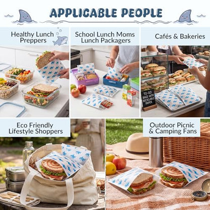 Epakh 200 Pack Paper Sandwich Bags Shark Design 8 × 8 Inch Happy Food Storage Recyclable Grease Resistant Disposable Snack Bags for Family Home Use - style: Shark