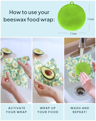 Beeswax Wraps for food 3-Pack, bee wraps reusable with Multi-function brush, Eco-Friendly to Wrap Fruits & Bread,sandwich Wraps (S,M,L) with Daisy Design