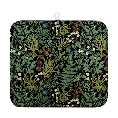 Dish Drying Mat for Kitchen Counter Vintage Green Plant Fern Leaves Floral Drying Mats Absorbent Microfiber Black Dish Drainer Pad Reusable Washable Dish Draining Mats Medium 16x18 Inch - color: Green Black Plant, size: 16" x 18"