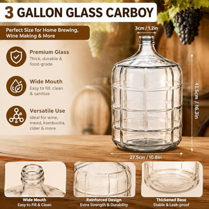2 Set 3 Gallon Glass Carboy with 2 Airlocks for Fermenting Glass Jug 2 Drilled and 2 Undrilled Rubber Stoppers 2 Carboy Handles 2 Brushes for Beer Wine Making Equipment