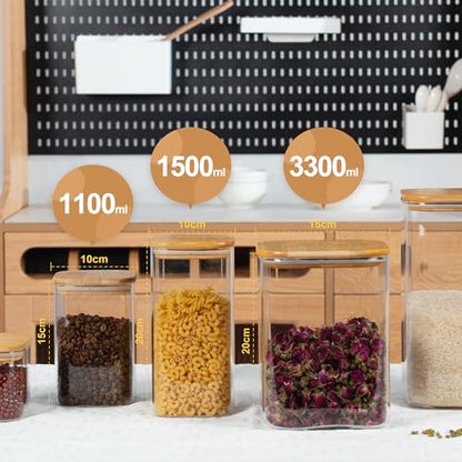 D2scrma 122oz 41oz Airtight Glass Square Storage Canister with Bamboo Lid Set of 2(3600ml*1 1200ml*1) Large Storage Container Gallon Glass Jars, for Sugar, Flour, and Coffee bean (with Black Lable) - size: 115oz*1/37oz*1