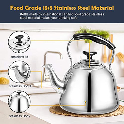 Tea Kettle Stovetop Whistling Teakettle ClassicTeapot Stainless Steel Tea Pots for Stove Top with Heat-resistant Folding Handle Mirror Finish, 2 liters | Premium Food Grade Stainless Steel Whistling Tea Kettle with Heat-Resistant Folding Handle for Fast B