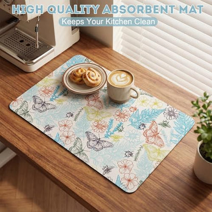 LemonRoad Dish Drying Mat for Kitchen Counter, 12"x20" Absorbent Coffee Bar Mat with Plant Butterflies Design, Fast-dry Diatomite Drainer Drying Mats with Non-slip Backing for Kitchen Sink Countertop - style: Plant Butterflies