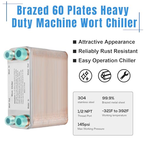 Ferroday Wort Chiller, 60 Plate Stainless Steel Brazed Plate Heat Exchanger, 1/2 NPT & 3/4 NPT Thread Plate Wort Chiller, Beer Brewing Chiller Wort Cooler For Homebrew-7.5" x 5.6" - size: 60 Plate（1/2 NPT & 3/4 NPT）