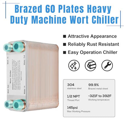 Ferroday Wort Chiller, 60 Plate Stainless Steel Brazed Plate Heat Exchanger, 1/2 NPT & 3/4 NPT Thread Plate Wort Chiller, Beer Brewing Chiller Wort Cooler For Homebrew-7.5" x 5.6" - size: 60 Plate（1/2 NPT & 3/4 NPT）