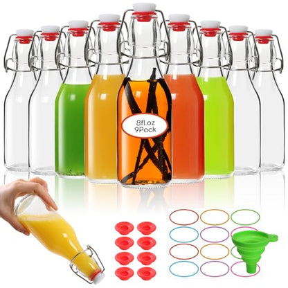 AuroTrends 8 oz Swing Top Glass Bottles with Lids 9 Pack- Airtight Flip Top Glass Bottles for Vanilla Extract, Home Brewing, Beverages, Oil & More - size: 8fl.oz-9Pack