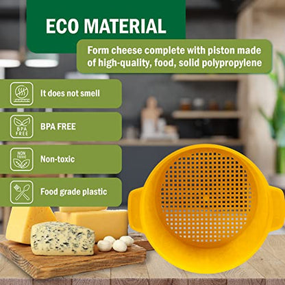 Cheese Mold for Cheese Making Cheese with Follower 1/2 gal Yello and Cotton Cheesecloth - Cheesemaking Supplies - Cheese Form Mold - Cheese Making Basket - Molde Para Queso Casero - Cheese Press