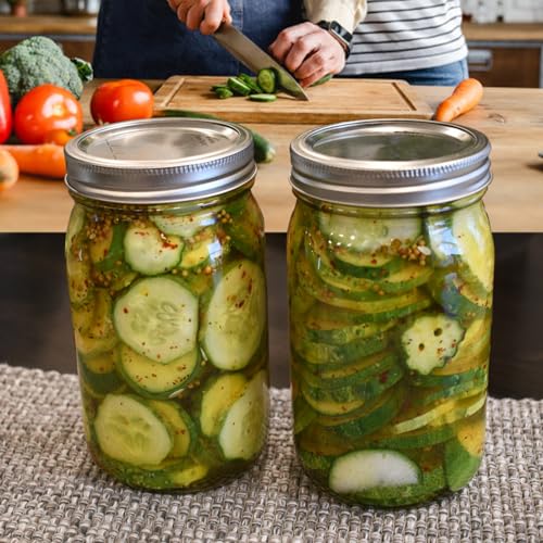 STARSIDE Mason Jars 32oz 4-Pack with Wide Mouth Airtight Lids | 1L Glass Canning Jars with Measuring Marks for Pickles, Jams, Salad, Food Storage, Includes Labels, Pen & Brush