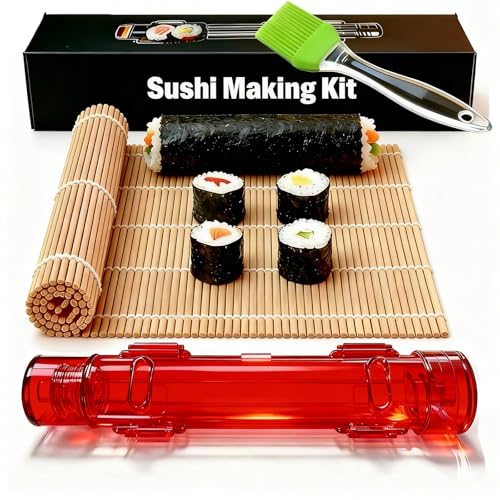 Sushi Making Kit – Clear Sushi Bazooka Roller & Bamboo Sushi Rolling Mat, Easy DIY Sushi Maker Tool Set for Beginners, Homemade Sushi Rolls for Kitchen & Party (Clear Red) - color: Clear Red