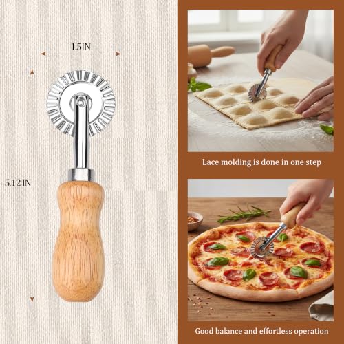 Pastry Cutter Wheel, Crinkle Wheel with Beech Wood Handle | 304 stainless steel crinkle blade, beech wood handle, multi-use for pizza pasta pastry cookie ravioli, 5 variants - color: Short Handle Small Cutter Wheel