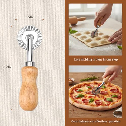 Pastry Cutter Wheel, Crinkle Wheel with Beech Wood Handle | 304 stainless steel crinkle blade, beech wood handle, multi-use for pizza pasta pastry cookie ravioli, 5 variants - color: Short Handle Small Cutter Wheel